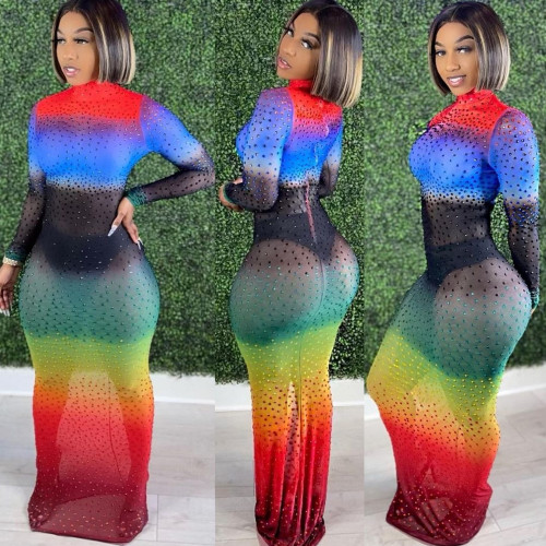 Sexy Full Sleeve Rainbow Rhinestone Mesh Bodycon Long Fishtail Dress