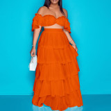 Sexy Off Shoulder Crop Top and Layered Long Skirt Two Piece Set