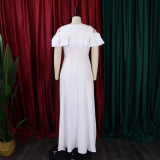 Ruffle Cold Shoulder Short Sleeve Solid Maxi Dress