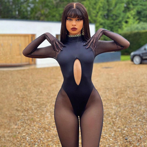 Black Mesh Long Sleeve Sexy Cutout Bodycon Jumpsuit
