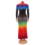 Sexy Full Sleeve Rainbow Rhinestone Mesh Bodycon Long Fishtail Dress