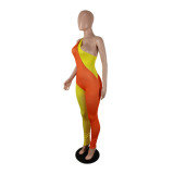 Womens Sleeveless Zipped Contrast Color Bodycon Jumpsuit