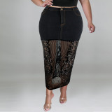 Plus Size 2PCS Skirt Set Washed Denim Sequin Patckwork Long Skirt + Black Halter Backless Crop Top