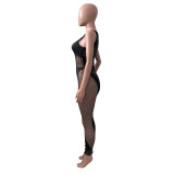 Rhinestone Mesh Cutout Patchwork Sleeveless Sexy Bodycon Jumpsuit