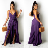 Solid Wide Leg Slit Tie Waist Cami Jumpsuit