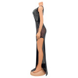 Sexy V-Neck Sleeveless See Through Mesh Rhinestone Slit Irregular Evening Dress