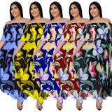 Plus Size Off  Shoulder Ruffles Floral Print Pleated Maxi Dress