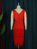 Red Tassels V-Neck High Waist Slit Party Prom Dress