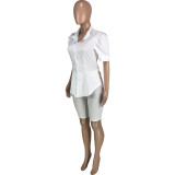 Solid Color Puff Sleeve Curve Hem Slit Shirt + Shorts 2PCS Set