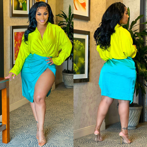 Sexy Long-Sleeved Contrast Color Two Piece Skirt Set