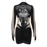 Sexy Mesh Patchwork See Through Ruched Long Sleeve Mini Dress