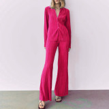 Solid Long Sleeve Two Piece Set Turndown Collar Button Shirt & Pants