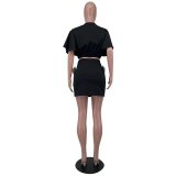 Solid V-Neck Flutter Sleeve Crop Top Mini Skirt Sexy 2PCS Set