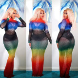 Sexy Full Sleeve Rainbow Rhinestone Mesh Bodycon Long Fishtail Dress