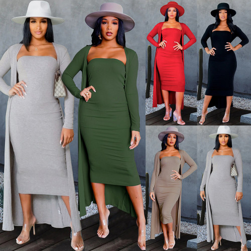 Women Full Sleeve Long Cardigan + Strapless Bodycon Dress Two Pieces