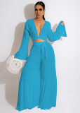 Solid Plunge Flare Sleeve Tie Top + Wide Leg Pants Two Pieces