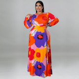 Plus Size Floral Print Bishop Sleeve Belted Maxi Dress