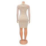 Beige Beaded Mock Neck Full Sleeve Bodycon Dress