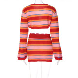 Striped Knitted Long Sleeve Sweater + Dress Casual 2PCS Set