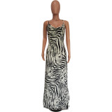 Low Back Zebra Print Side Slit Sexy Cami Maxi Dress