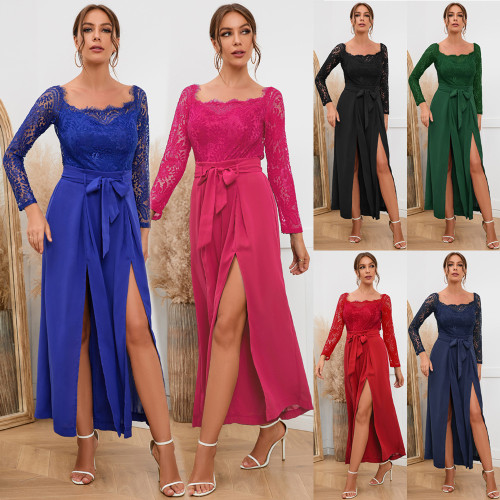Sexy Lace Long Sleeve Square Neck Belted Slit Jumpsuit