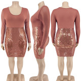 Plus Size U Neck Sequin Embroidered Mesh Sleeve See Through Bodycon Dress