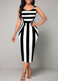 Black and White Stripes Print Sleeveless Midi Dress