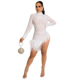 Sexy Fringed See Through Mesh Beaded Irregular Party Dress