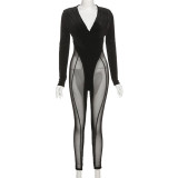 Women's V-Neck Mesh Patchwork Long Sleeve Velvet Jumpsuit