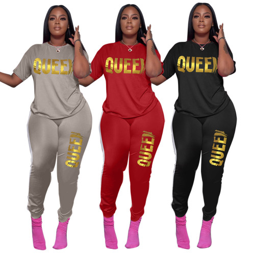 Shiny Letter Casual Short Sleeve T-Shirt and Pants Tracksuit