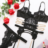 Metal Chains Hollow Out Lace Patchwork Sexy Lingerie Set