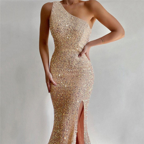 Ladies Sleeveless One Shoulder Sequin Slit Evening Dress