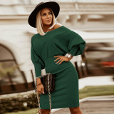 Solid Color Ribbed Bishop Sleeves Chic Dress
