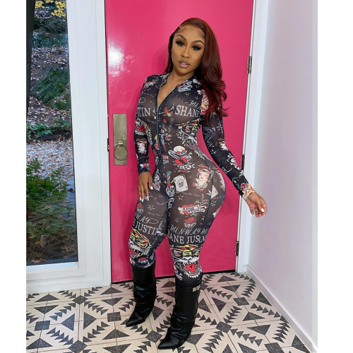 All Over Print Mesh Zip Long Sleeve Sexy Bodycon Jumpsuit