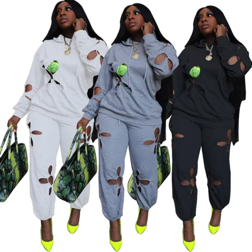 Sexy Solid Flower CutOut Loose Two Piece Trendy Casual Sweatsuit