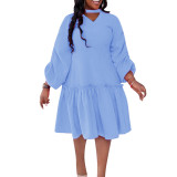 Solid Ruched Lantern Sleeve Ruffle Casual Dress