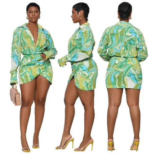 Print Green Long Sleeve V-Neck Shirt Dress