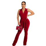 Solid Turndown Collar V-Neck Sleeveless Flare Jumpsuit With Belt