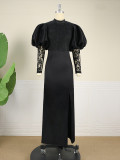 Vintage Black Lace Patchwork Puff Long Sleeve Slit Maxi Evening Dress