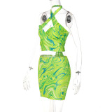 Print Green Halter Neck Crop Top Mini Skirt Two Piece Set