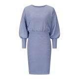 Solid Color Ribbed Bishop Sleeves Chic Dress