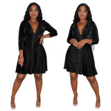 Solid Velvet Turndown Collar Long Sleeve Button Up A-Line Casual Dress