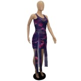 Sexy Print Purple Mesh See-Through Sleeveless Bodycon Dress