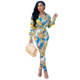 Print Multicolor Long Sleeve Shirt and Pants 2PCS Casual Set