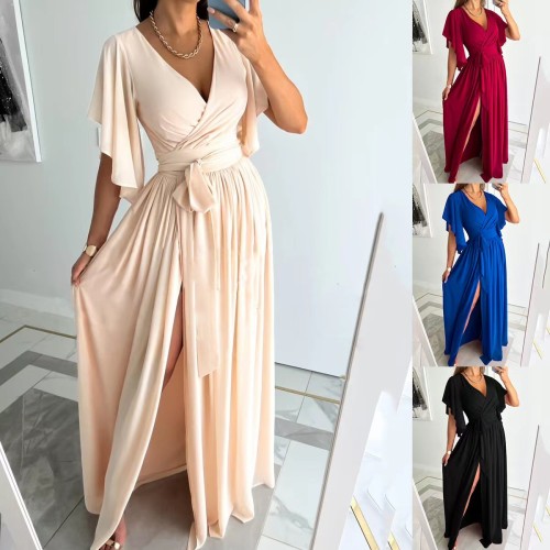 Solid Flutter Sleeve V-Neck Slit Maxi Dress