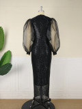 Plus Size Black Sequin Long Sleeve Slim Waist Party Dress