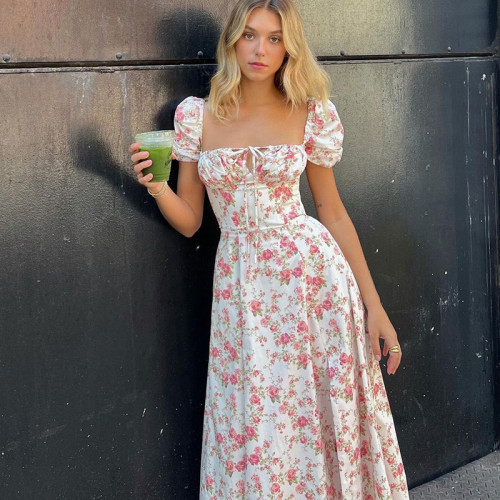 Retro Square Neck Puff Sleeves Floral High Slit Long Dress