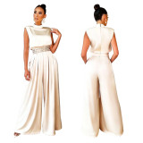 Solid Sleeveless High Neck Wide Leg Formal Jumpsuit
