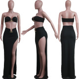 Fashion Sexy U-Ring Bandeau Top and Irregular Slit Skirt Two Piece Set