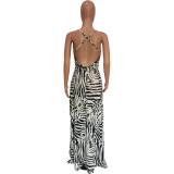 Low Back Zebra Print Side Slit Sexy Cami Maxi Dress